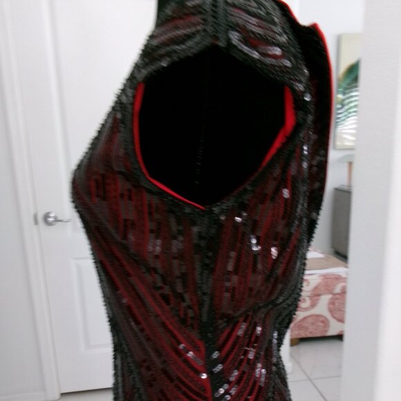 Like New Fundaisy Gatsby Flapper Red and Black Sequin Beaded Dress S Fringe - Picture 12 of 15